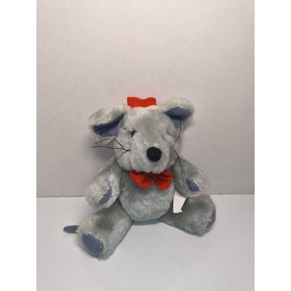 Vintage Gray Christmas Mouse Jointed Posable Plush Stuffed Animal Soft Santa Hat